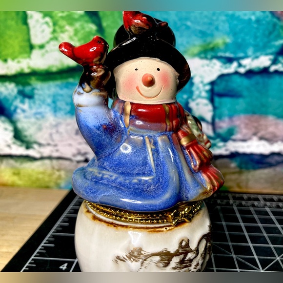 LARGE Vintage Snowman Limoges Style Hinged Trinket Box - Picture 5 of 11